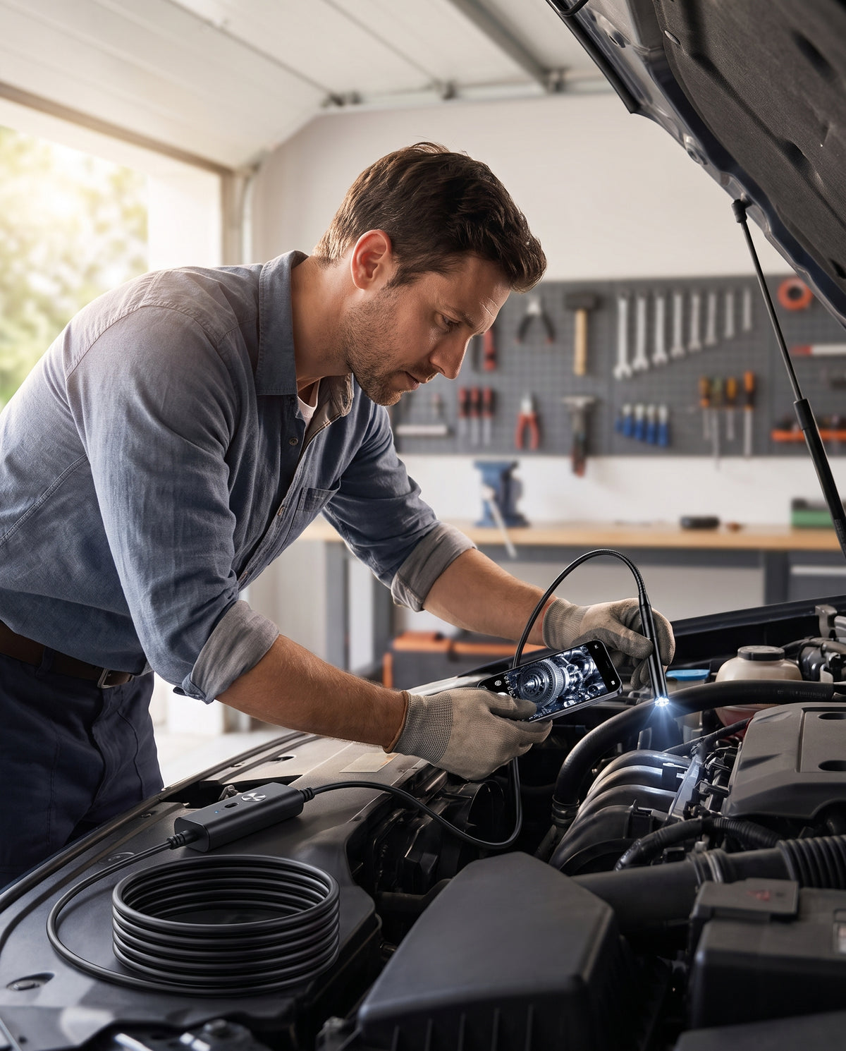 Inspecting a car engine bay with the endoscope camera